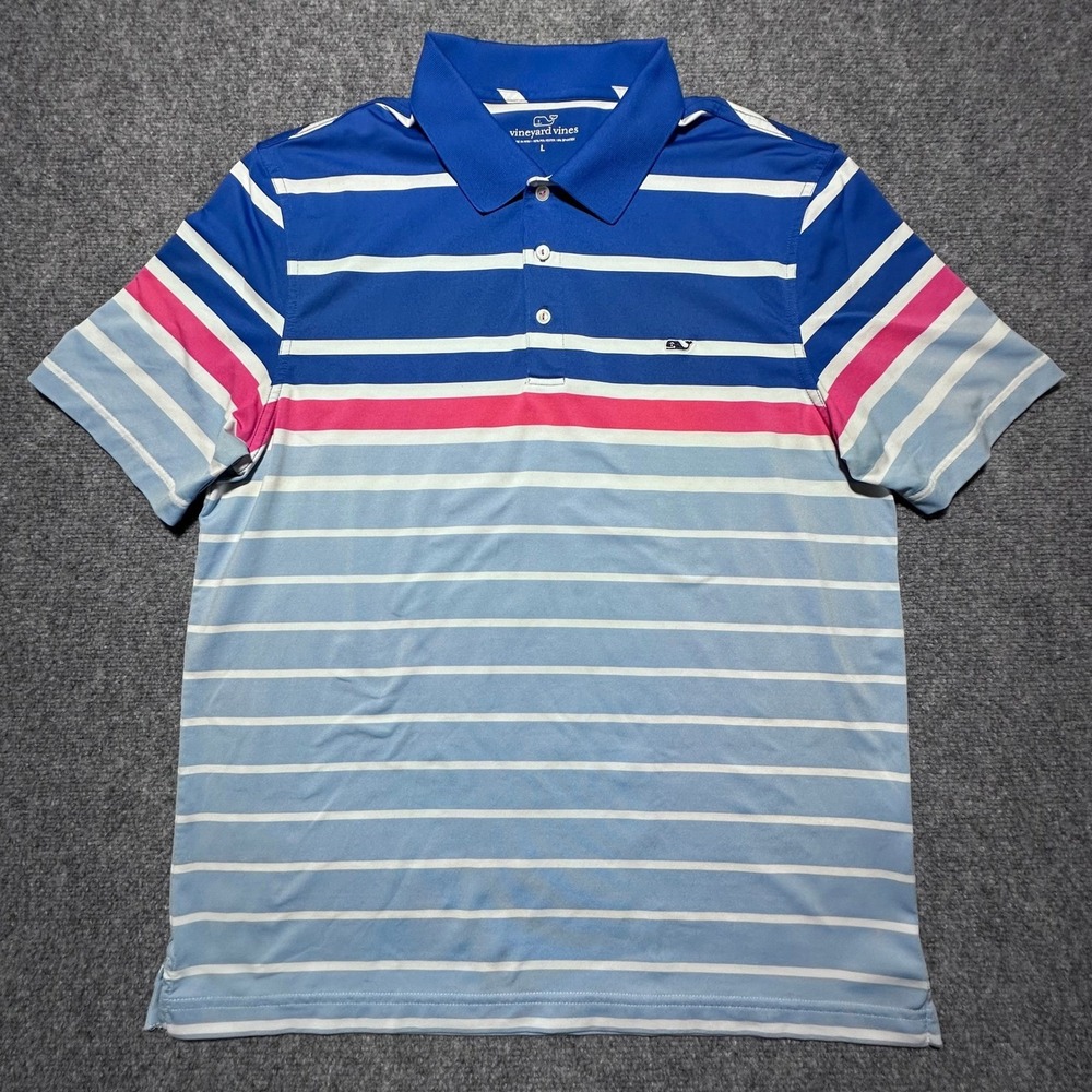 Vineyard Vines L Blue Pink White Stripe Whale Performance Golf Polo‎ EUC